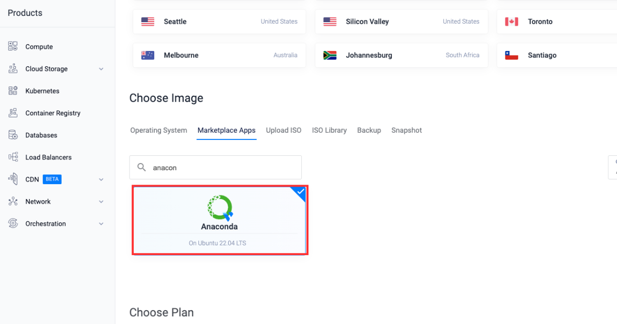 Vultr Anaconda marketplace app selection
